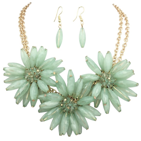 Mint Green Bead 3 Flower Necklace Earrings Set - Picture 1 of 4